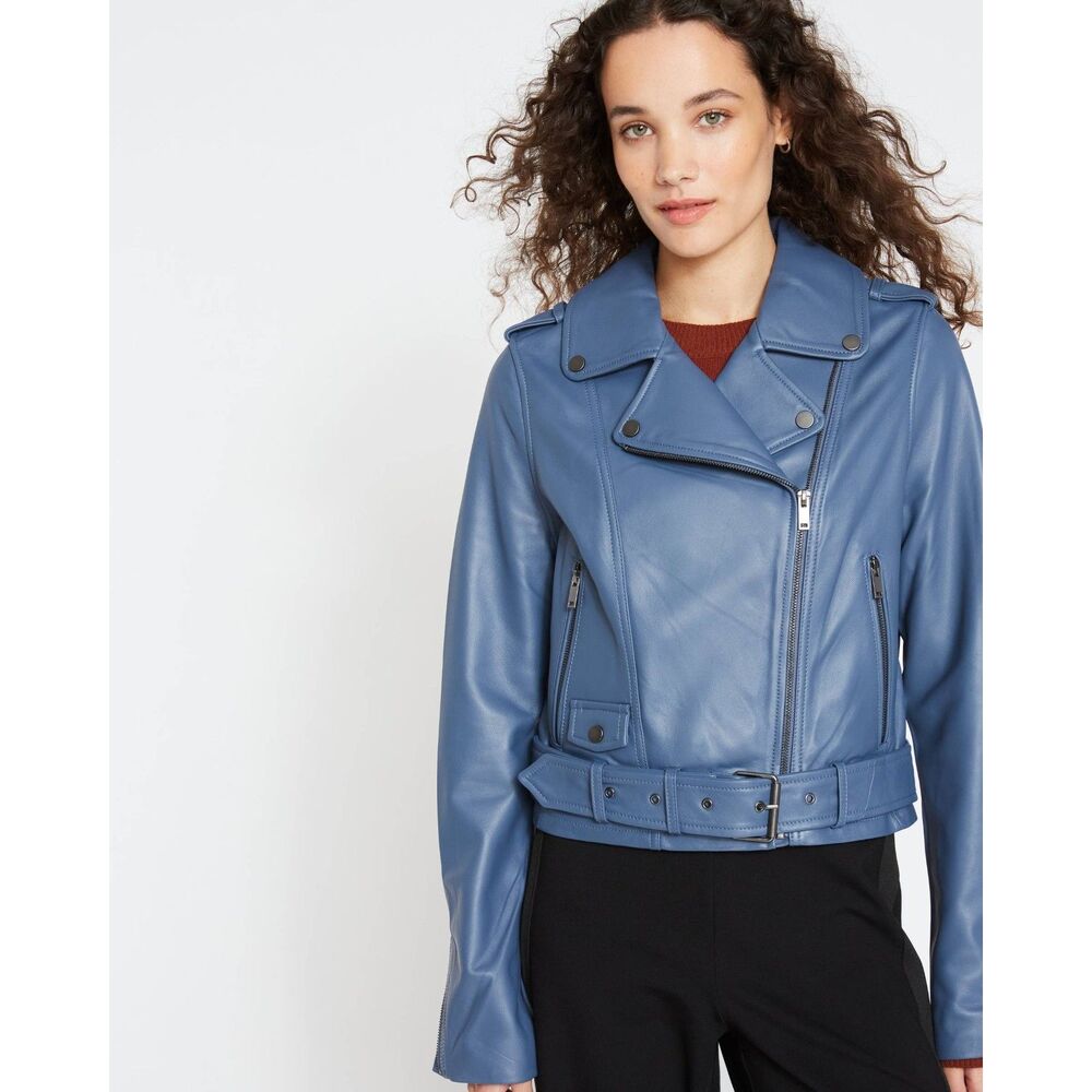 NEW Universal Standard Leeron Leather Jacket in Steel Blue 3XS With Tags